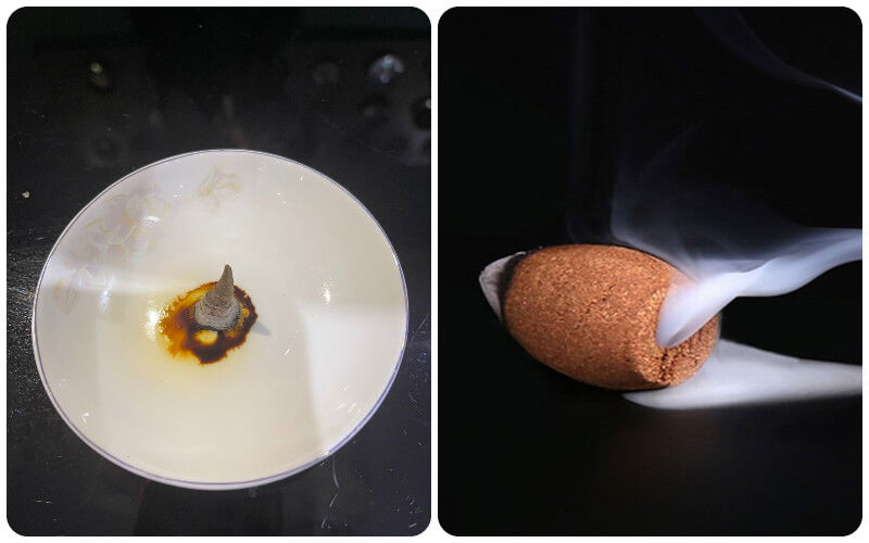 Traces of essential oil remain after the incense cone is completely burned.