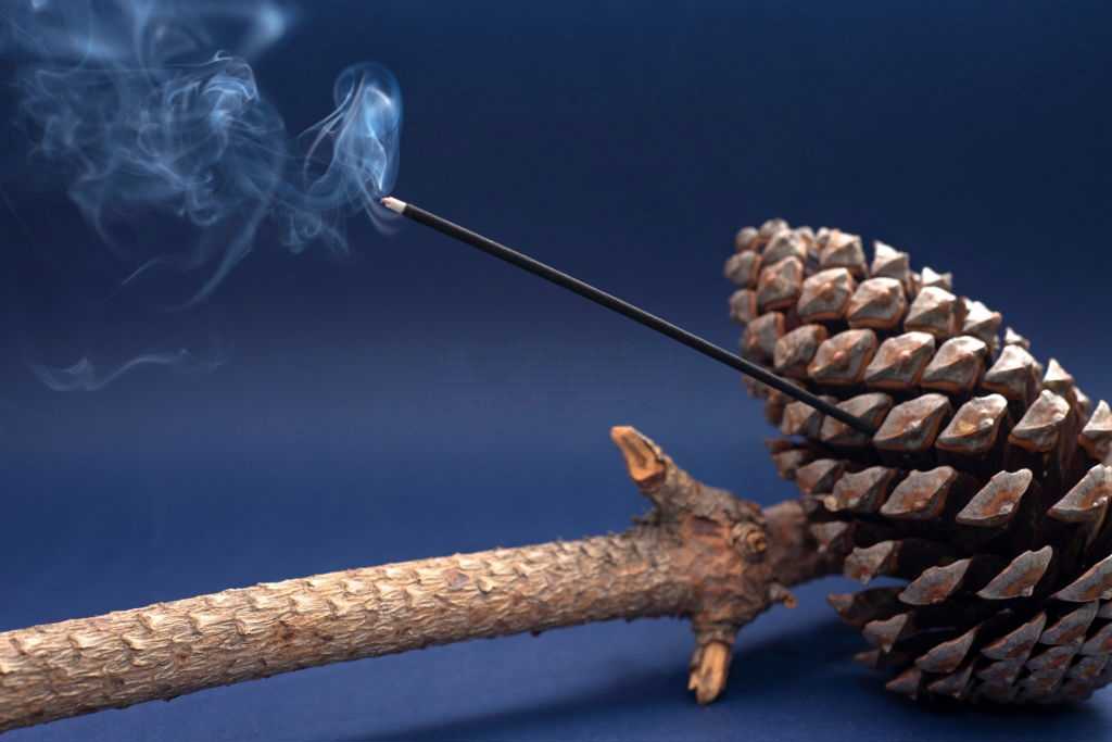 A burning pine incense stick.