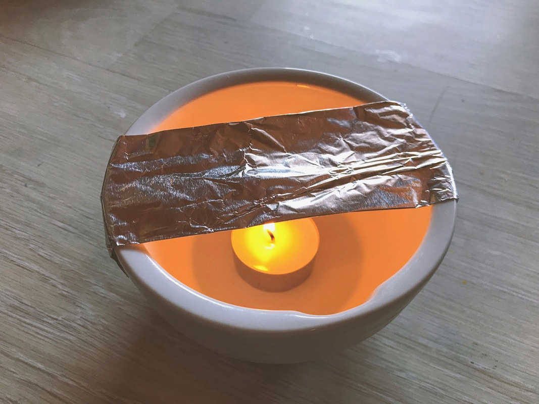 The foil folded across the bowl with the tealight on The foil folded across the bowl with the tealight on.