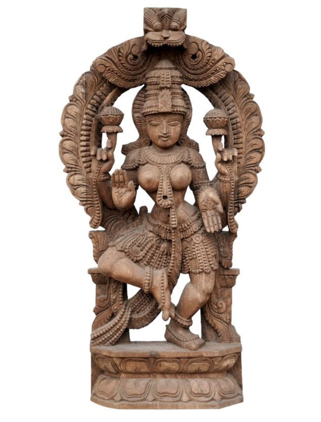 Hindu Goddess Lakshmi Dancing On Lotus Pedestal -Wooden Statue