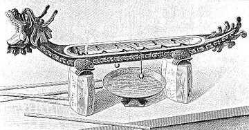 Figure 6. Drawing of dragon boat alarm shown with pedestals and basin. From M. Planchon, L' Heure en Chine.
